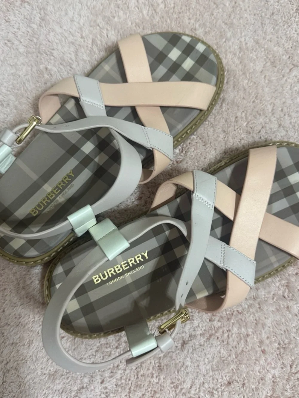 Burberry Pastel Cross-Strap Leather Sandals in Pale Pink & Light Gray